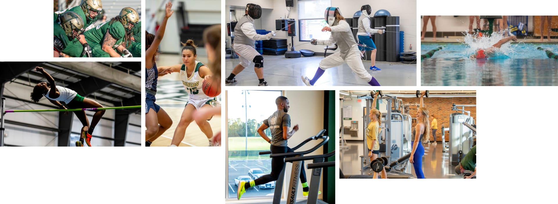 A collage of photos: football, pole vautling, basketball, fencing, running on treadmill, lifting weights, swimming in pool
